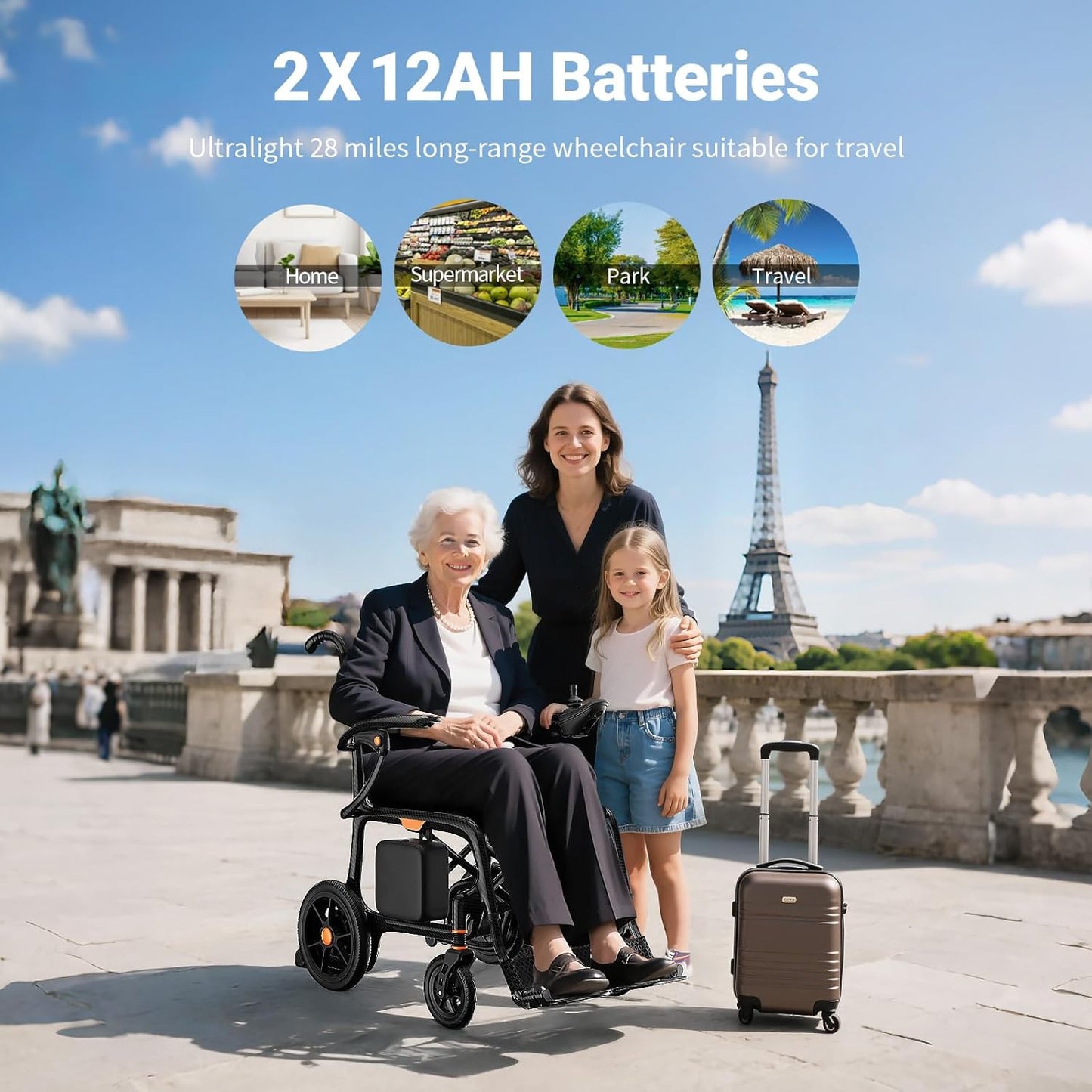 28 lbs Carbon Fiber Ultralight Foldable Electric Wheelchair – Dual Battery, 28-Mile Range