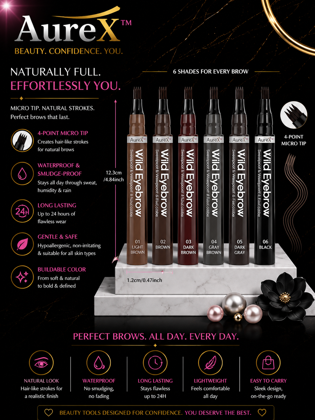 AureX™ 4-Tip Eyebrow Pen – 6 Colors
