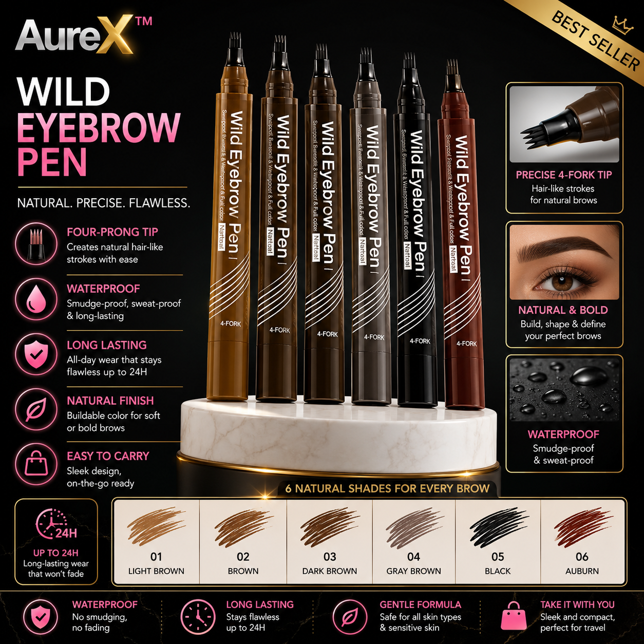AureX™ 4-Tip Eyebrow Pen – 6 Colors