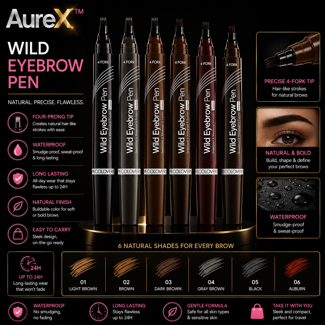AureX™ 4-Tip Eyebrow Pen – 6 Colors
